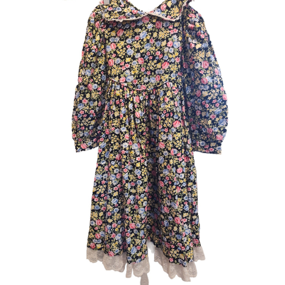 Rebecca Raggs VTG Original 100% Cotton Black Floral Girl's Dress Size 7 Easter‎